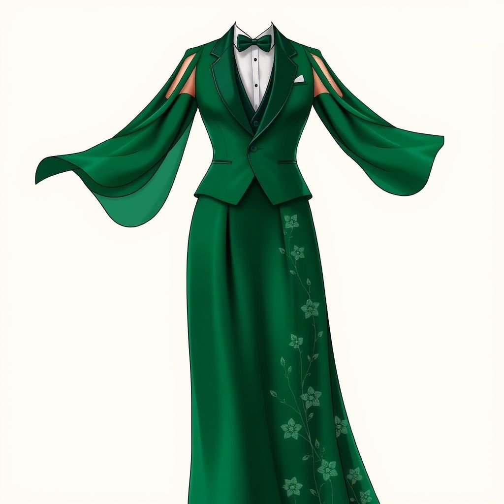 evening dresses greenish color open sleeves and gentlemen
Design an elegant evening dress in a rich emerald green, featuring flowing open sleeves that cascade like gentle waves. The gown hugs the waist with a subtle peplum, and a floor-length skirt adorned with delicate floral embroidery. Paired with a sleek waistcoat, this ensemble exudes sophistication and timeless charm for gentlemen.