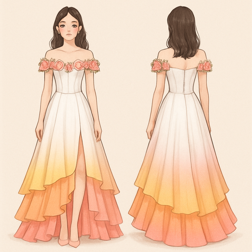 I want to design a grock with white , pink , yellow , orange with over shoulder corset top tight waist flayerd from then to bottom foot length open slit in front start 2 layer ruffle starting from open slit to bottom around the frock cute frock need rose flowers around the off shoulder area