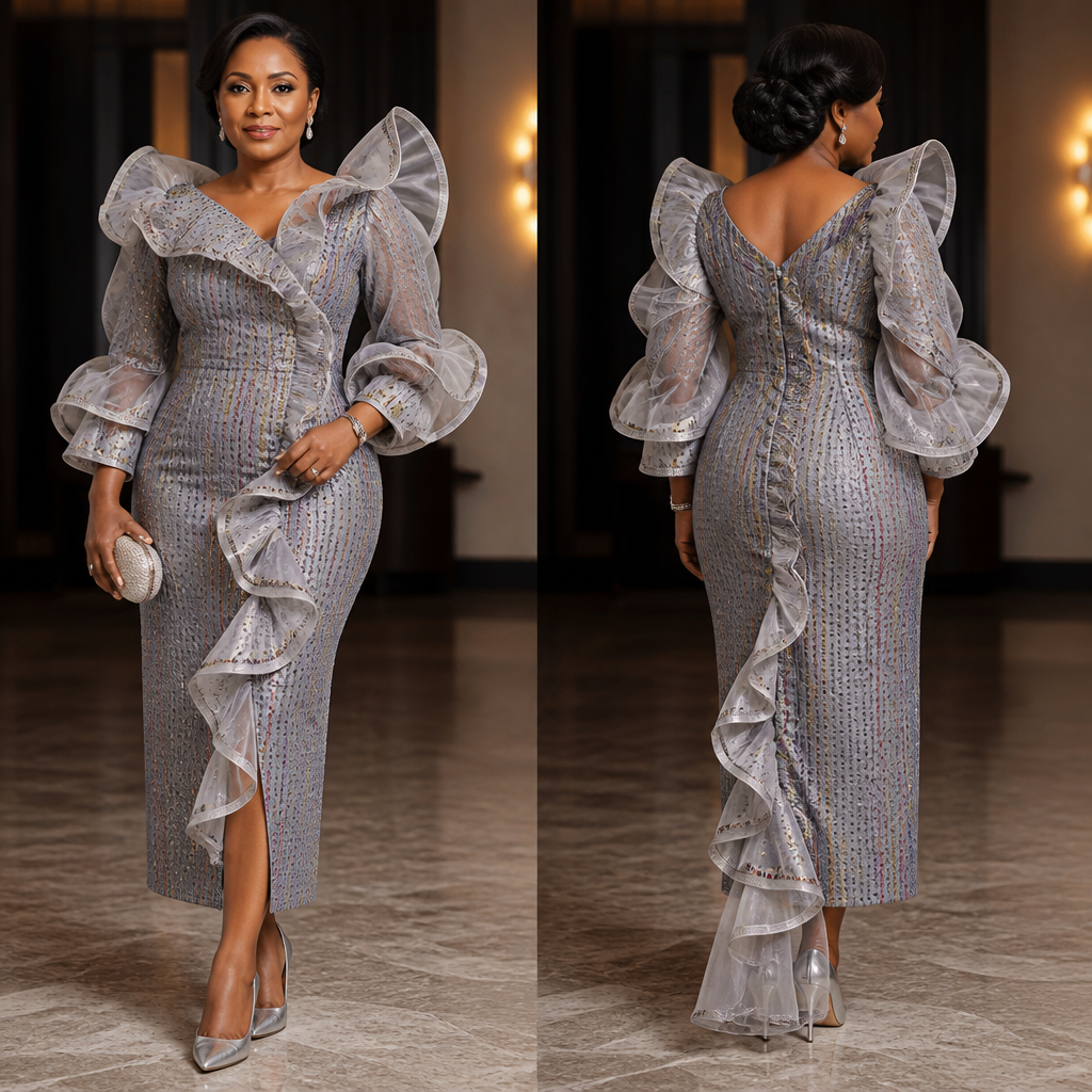 PROMPT
A photorealistic dinner dress for a 50 year old woman to attend a birthday party made from colorful beautiful silver gray aso oke with small holes on it and a touch of organza fabric with beautiful trims that will look gorgeous and fabulous.
photorealistic fashion design, PROMPT
A photorealistic dinner dress for a 50 year old woman to attend a birthday party made from colorful beautiful silver gray aso oke with small holes on it and a touch of organza fabric with beautiful trims that will look gorgeous and fabulous.
, streetwear style, just the design no text, show front and back