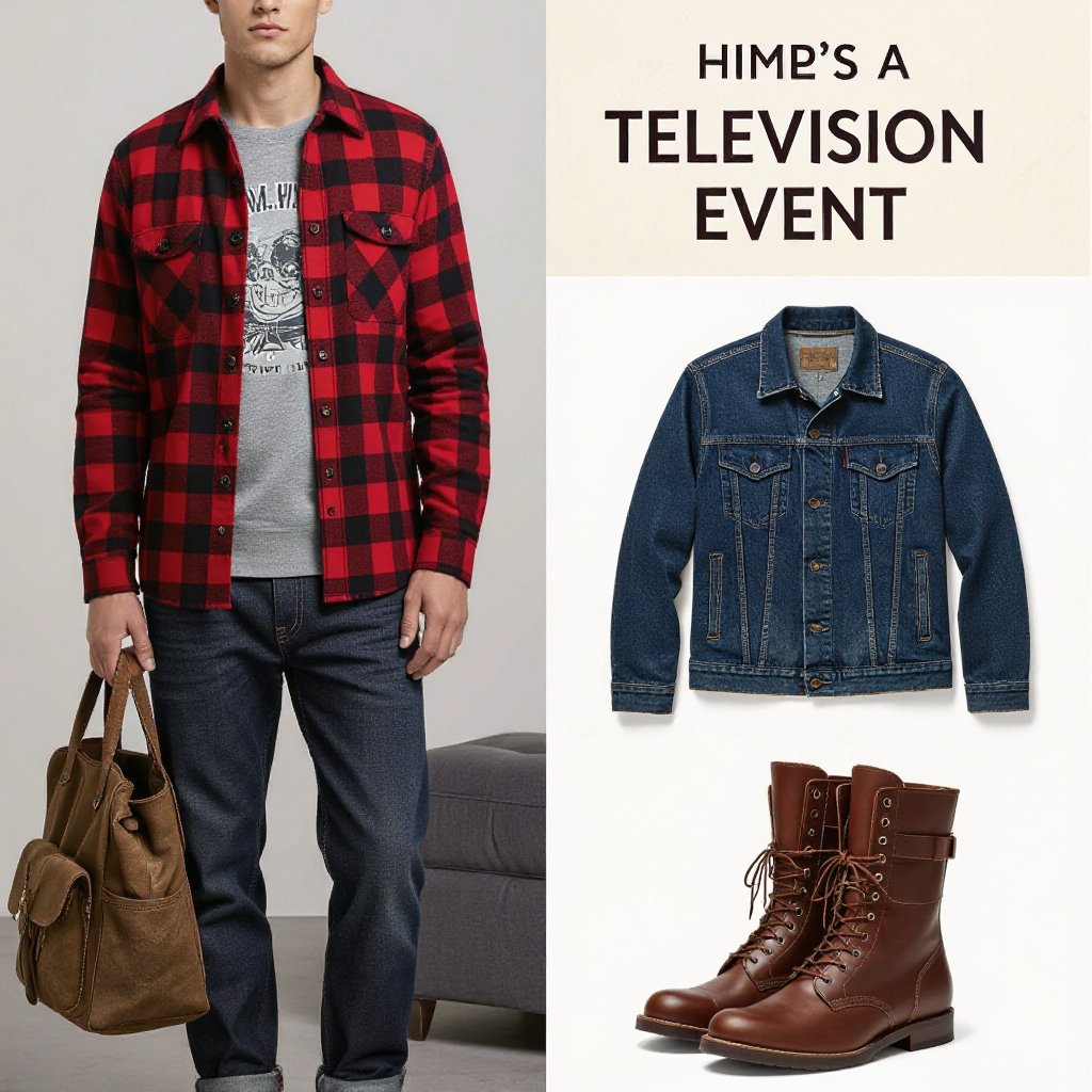 For men television event
Hipster fashion: Men's outfit for a television event:
A plaid flannel shirt, dark-wash jeans, and leather boots. Add a vintage graphic t-shirt underneath.
