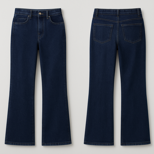 Dark blue denim jeans with a straight, slightly flared leg and two front pockets positioned along the front panel.

