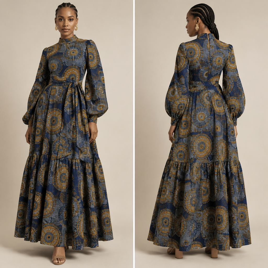 A Female Dress design, with modest, full coverage: longer hemlines, higher necklines and covered shoulders, suitable for Spring. Consider South African fashion — diverse multicultural styles, Shweshwe prints, modern Afro-chic. Current season is Spring in South Africa. Present it as professional fashion catalogue photography: the garment is the subject, shown full-length with editorial styling, neutral posing and tasteful, non-suggestive framing.
photorealistic fashion design, A Female Dress design, with modest, full coverage: longer hemlines, higher necklines and covered shoulders, suitable for Spring. Consider South African fashion — diverse multicultural styles, Shweshwe prints, modern Afro-chic. Current season is Spring in South Africa. Present it as professional fashion catalogue photography: the garment is the subject, shown full-length with editorial styling, neutral posing and tasteful, non-suggestive framing., just the design no text