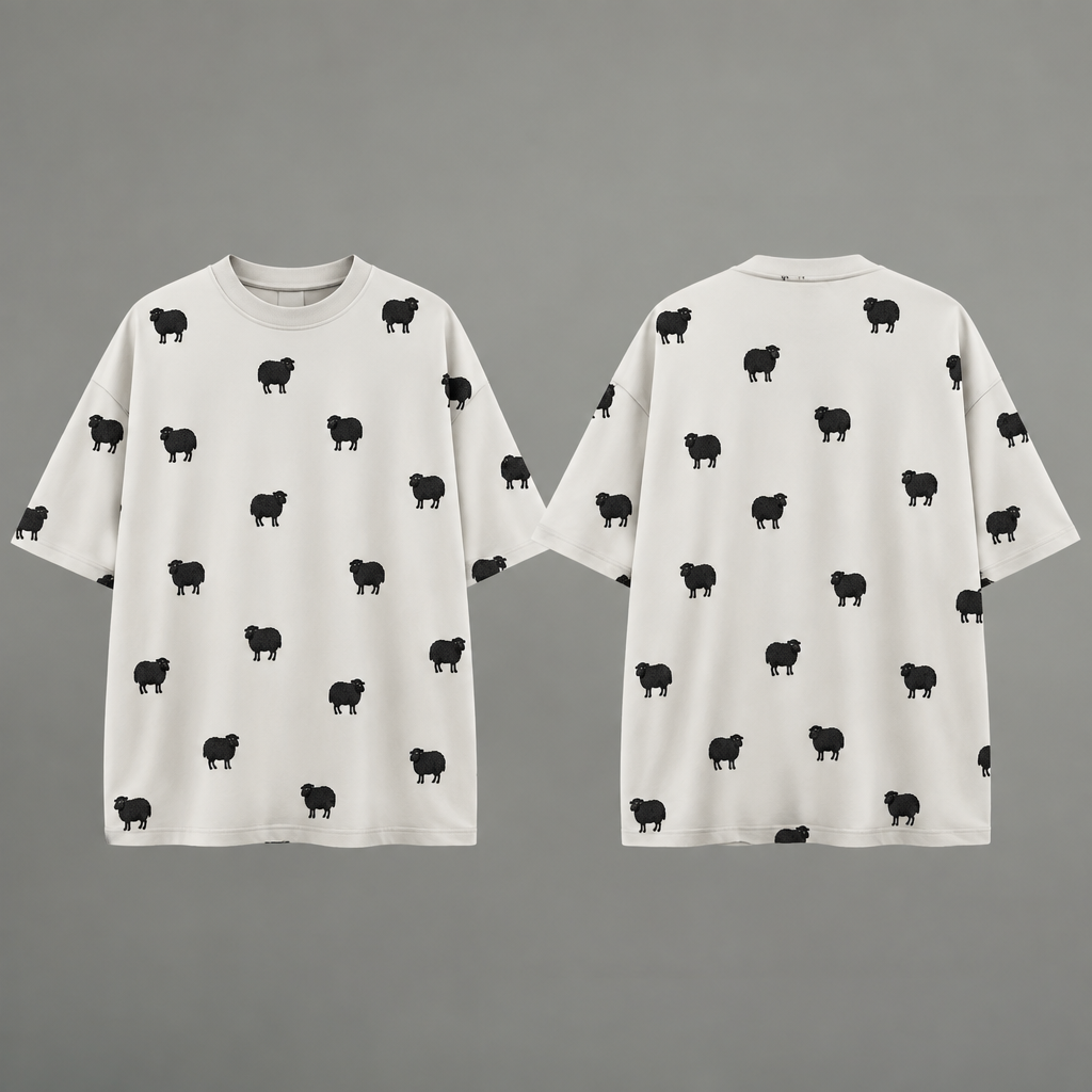 Create me a high class streetwear heavy tee with small black sheep all over it
photorealistic fashion design, Create me a high class streetwear heavy tee with small black sheep all over it , hip_hop style, just the design no text, show front and back