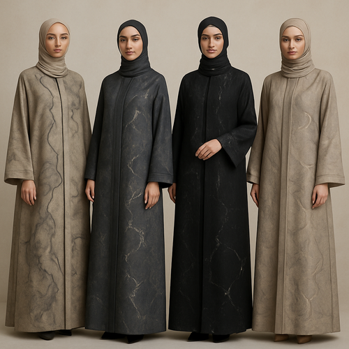 Create a modest abaya, the first of its kind, featuring a unique stone design that exudes a classy and sophisticated vibe. I'd like four designs, each showcasing different styles and fabrics. Incorporate high-end, unique chic stone designs to make them truly special. Add little sophisticated stone designs.