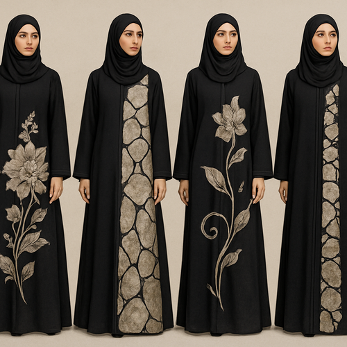 Create a modest abaya that's the first of its kind, featuring a unique stone design that exudes a classy and sophisticated vibe. I'd like four designs, each showcasing different styles and fabrics.Incorporate high-end, unique chic stone designs to make them truly special. And add little cute touch of sophisticated stone designs. Add huge flower and unique designs.
