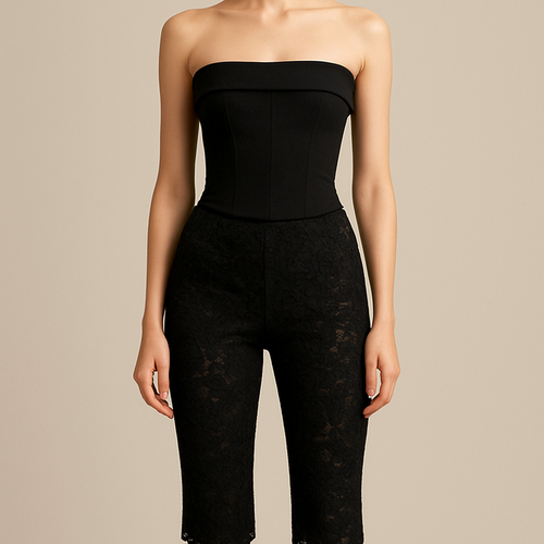Black lace tight capri pants
Coming to calf length
Paired with black crepe material corset top with fold over band on top
Give the pants a black underlayer
Bring the pants to knee length and have the black underlayer the whole way down the pants