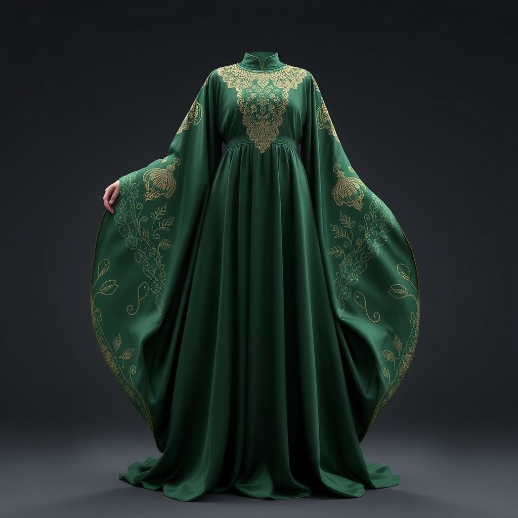 I want a unique abaya. On which a traditional Azerbaijani ornament is embroidered. I want it to be like a robe, not like a dress Just abaya, without human body
Envision a stunning, floor-length abaya that drapes luxuriously, crafted from flowing silk in deep emerald green. Its sleeves cascade elegantly, adorned with intricate, gold-stitched Azerbaijani motifs symbolizing unity and nature. The robe features a detailed embroidered neckline, harmonizing tradition with contemporary flair, creating an enchanting silhouette that whispers elegance from every angle.