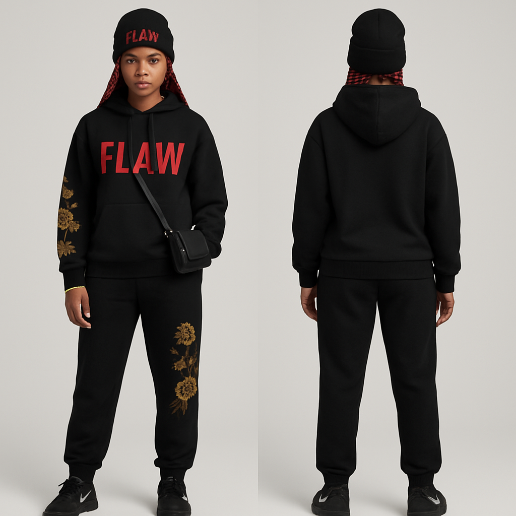 Black jogging suit hoodie with bold words Flaw in abbreviation on it in red braids gold hoop earrings and gold bracelet flowers one sleeve and pants Black cross body purse and black nike shoes a black beanie saying Flaw in red
Black jogging suit hoodie with bold words Flaw in abbreviation on it in red braids gold hoop earrings and gold bracelet flowers one sleeve and pants Black cross body purse and black nike shoes a black beanie saying Flaw in red, streetwear style, show front and back