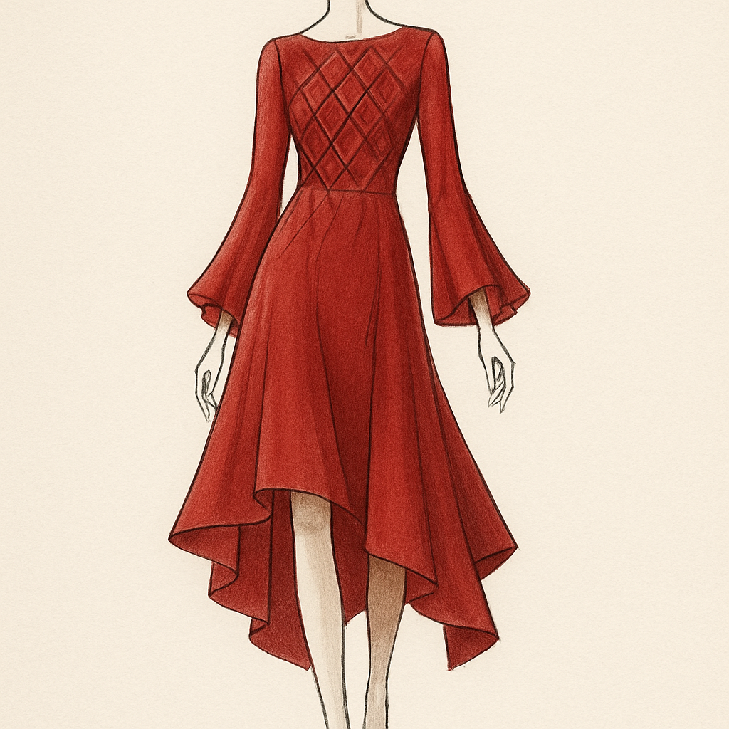 “I want to design a red dress with diamond-shaped patterns on the front, elegant sleeves with movement at the wrist, a French style, and some cuts or layers at the bottom.”
“I want to design a red dress with diamond-shaped patterns on the front, elegant sleeves with movement at the wrist, a French style, and some cuts or layers at the bottom.”, elegant style