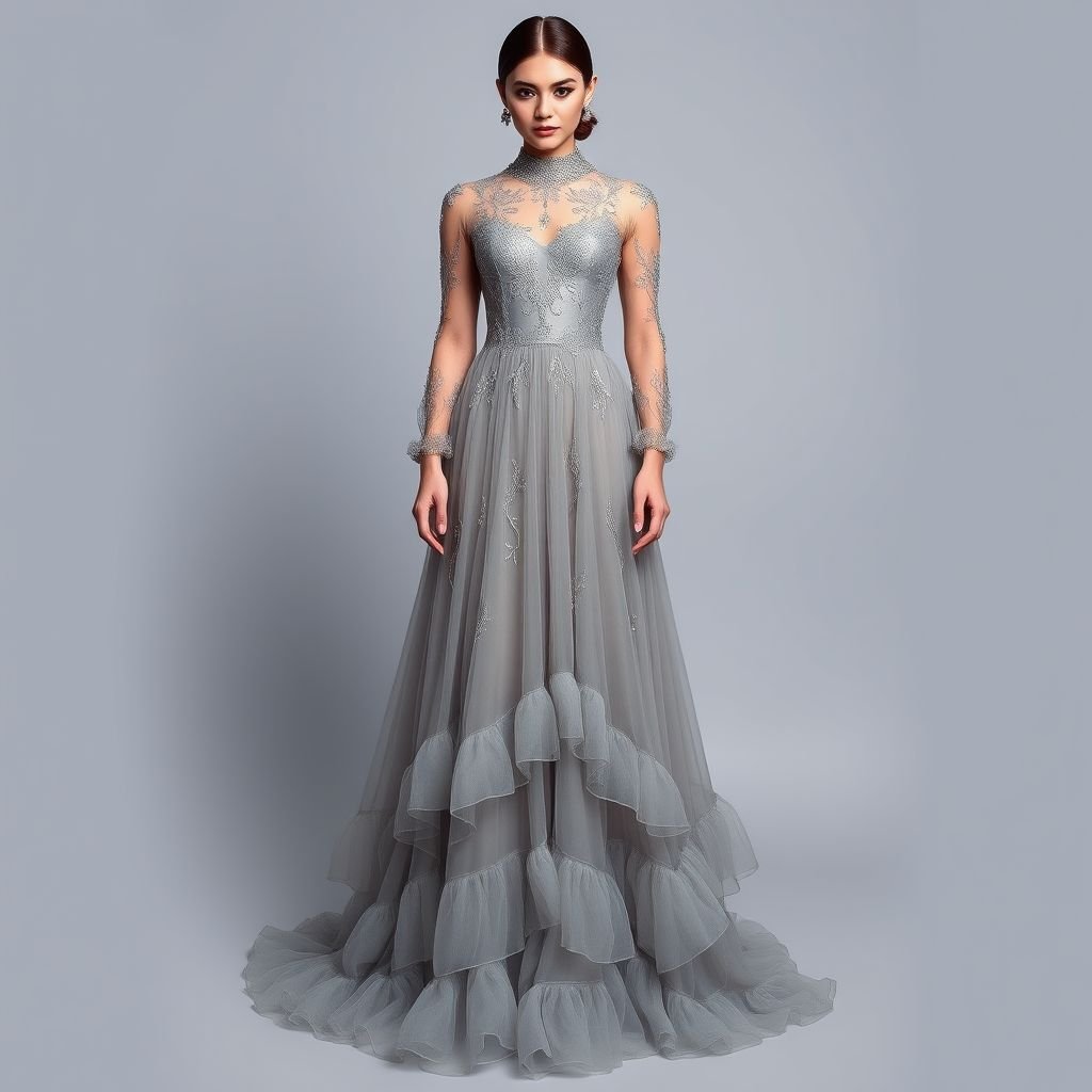 A grey long dress which is flowy from the end and lays down on the ground. The sleeves should be long of net with embroidery. The dress should be embellished but not as much minimaslist type. The bottom of the dress should be of organza frill
Design an elegant grey long dress exuding sophistication, flowing gracefully to the ground. The long sleeves, crafted from delicate netting, feature intricate embroidery that adds a touch of refinement. Embrace minimalistic embellishments for subtle charm, while the gown's hem showcases cascading organza frills, enhancing its formal allure and ethereal presence.