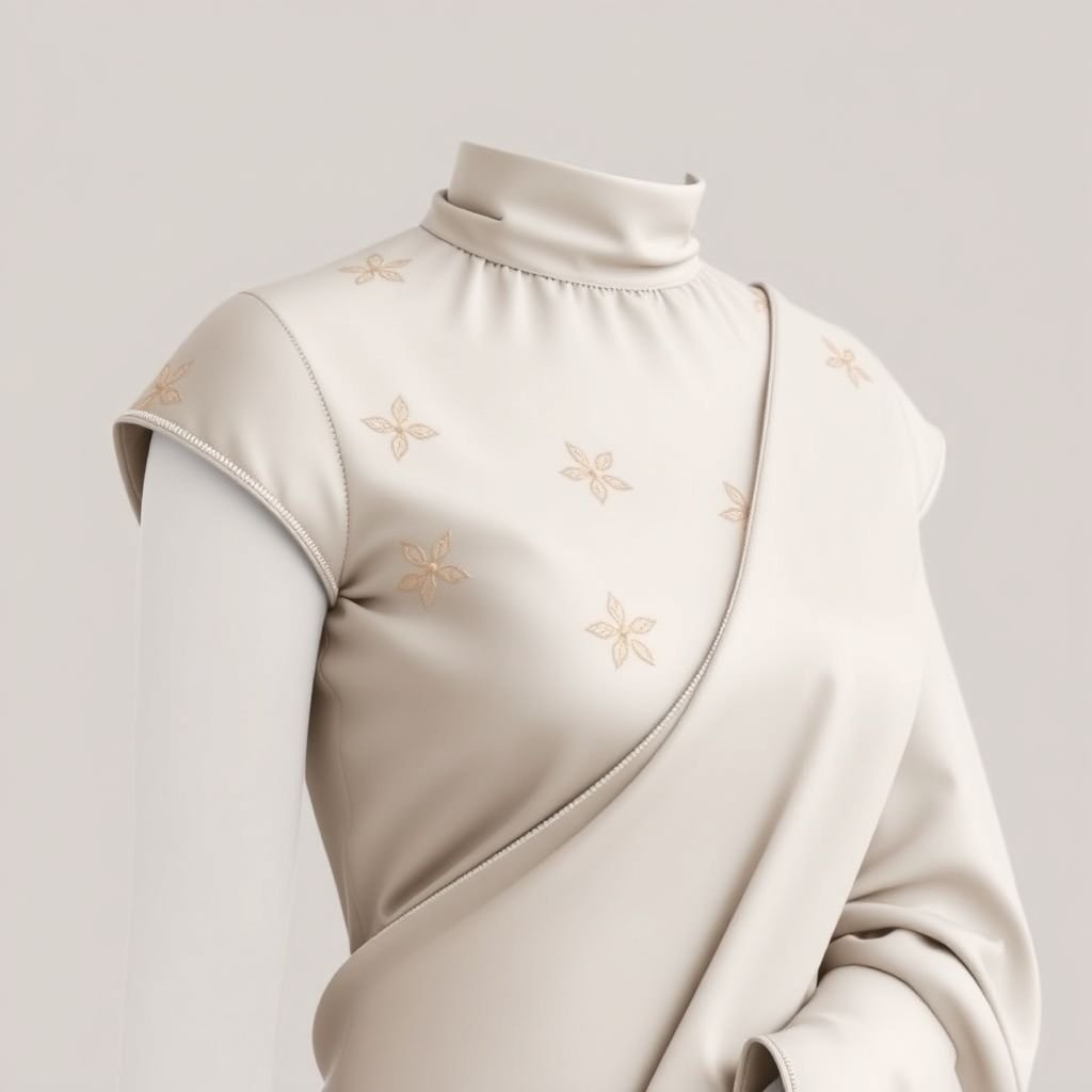 Saree blouse with minimal hand embroidery in neck and sleeve
Design a classic saree blouse featuring a timeless silhouette with a modest high neckline and elegant cap sleeves. Adorn with minimalistic hand embroidery in subtle floral patterns, using delicate tonal threads. The fabric should be a luxurious silk blend, draping gracefully while maintaining a refined aesthetic that echoes enduring sophistication and grace.