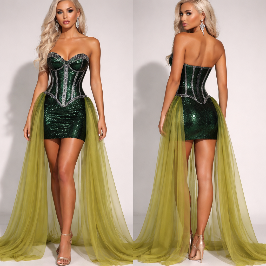 Create for me a hunter green sequin mini dress, strapless with a sweetheart shape, and a boned corset with black satin silvery sparkly fabric defining the boned parts in an exaggerated hourglass shaped corset. Add a lime green shimmering flowy see thru sheer fabric skirt over the waistline completely around the waist covering the bottom of the minidress with no opening, flowing to the ankles on a olive complexion model with platinum hair.
Create for me a hunter green sequin mini dress, strapless with a sweetheart shape, and a boned corset with black satin silvery sparkly fabric defining the boned parts in an exaggerated hourglass shaped corset. Add a lime green shimmering flowy see thru sheer fabric skirt over the waistline completely around the waist covering the bottom of the minidress with no opening, flowing to the ankles on a olive complexion model with platinum hair. , show front and back