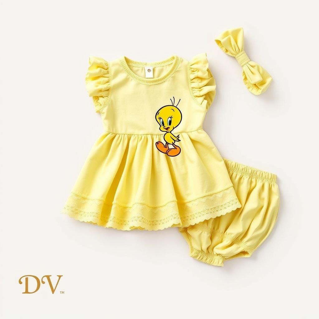 Baby infant and toddler tweety bird cartoon outfit. With DV on bottom left corner. Make sure to actually include the tweety bird cartoon character
Design a charming vintage-inspired outfit for infants and toddlers, featuring the beloved Tweety Bird cartoon character. Imagine a soft, pastel-yellow dress with delicate lace trims and puffed sleeves, adorned with a classic Tweety print. The ensemble includes matching bloomers and a headband, with "DV" artistically embroidered in the bottom left corner.