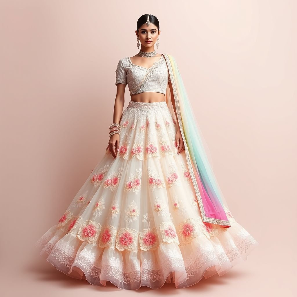 Latest lehengas
Design a contemporary lehenga that blends traditional craftsmanship with modern silhouettes. The skirt features layers of shimmering ivory tulle adorned with hand-embroidered floral motifs in pastel hues. Pair it with a structured, asymmetrical blouse embellished with crystals, and a lightweight dupatta cascading in ombre shades, embodying elegance and playful sophistication.