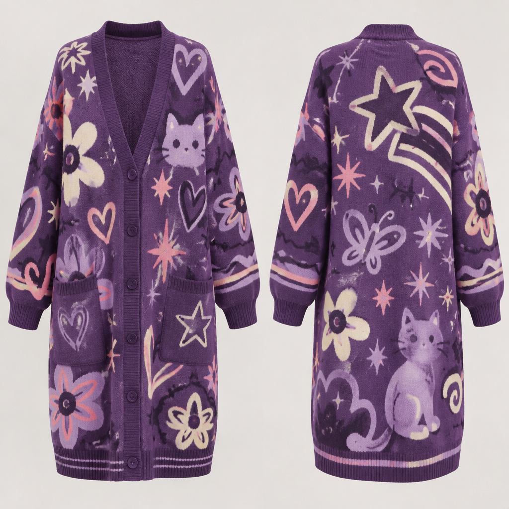 For the cardigan I want it to look that patterns look cute and colors vibrant and I want it to be long and make it feel comfy and also I would wear it to work, event. Make it doodles kind and make it purple.
photorealistic fashion design, For the cardigan I want it to look that patterns look cute and colors vibrant and I want it to be long and make it feel comfy and also I would wear it to work, event. Make it doodles kind and make it purple.
, streetwear style, just the design no text, show front and back