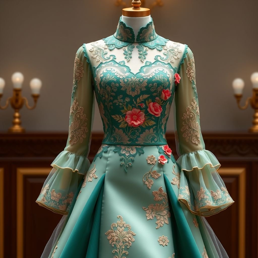 Kebaya
Design a modern Kebaya with intricate lace detailing and vibrant floral embroidery. The silhouette should blend traditional elegance with contemporary aesthetics, featuring high-neck and fitted bodice paired with a flowing mermaid skirt. Use a color palette of deep emerald and soft gold, complemented by sheer, layered sleeves for a sophisticated touch.