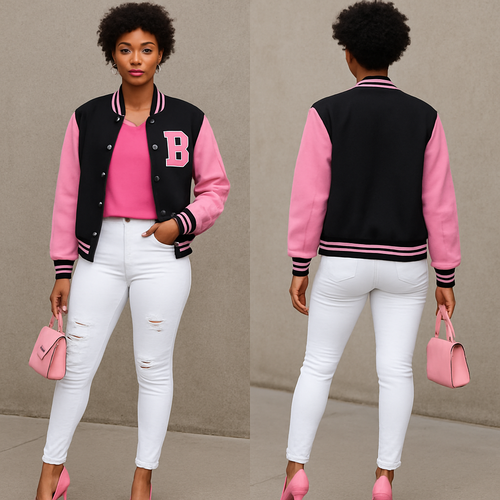 Black woman 
Short curls 
Pink blouse 
White fitted ripped jeans pink heels 
letterman jacket 
Gold jewelry
Pink purse 
Pink heels 

