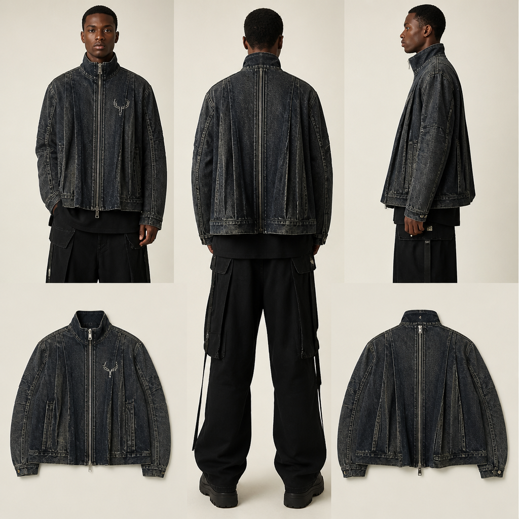 A Jacket design, in Streetwear style. create a tech pack of a denim jacket with two zippers, 1 on the front and 1 running from the collar to the hem on the back , making the panels completely separateable. pleats running down from the shoulder. "MVURA 263" is the brand name logo so put it on the jacket. ZW fashion aesthetics. Present it as professional fashion catalogue photography: the garment is the subject, shown full-length with editorial styling, neutral posing and tasteful, non-suggestive framing.
photorealistic fashion design, A Jacket design, in Streetwear style. create a tech pack of a denim jacket with two zippers, 1 on the front and 1 running from the collar to the hem on the back , making the panels completely separateable. pleats running down from the shoulder. "MVURA 263" is the brand name logo so put it on the jacket. ZW fashion aesthetics. Present it as professional fashion catalogue photography: the garment is the subject, shown full-length with editorial styling, neutral posing and tasteful, non-suggestive framing., streetwear style, just the design no text