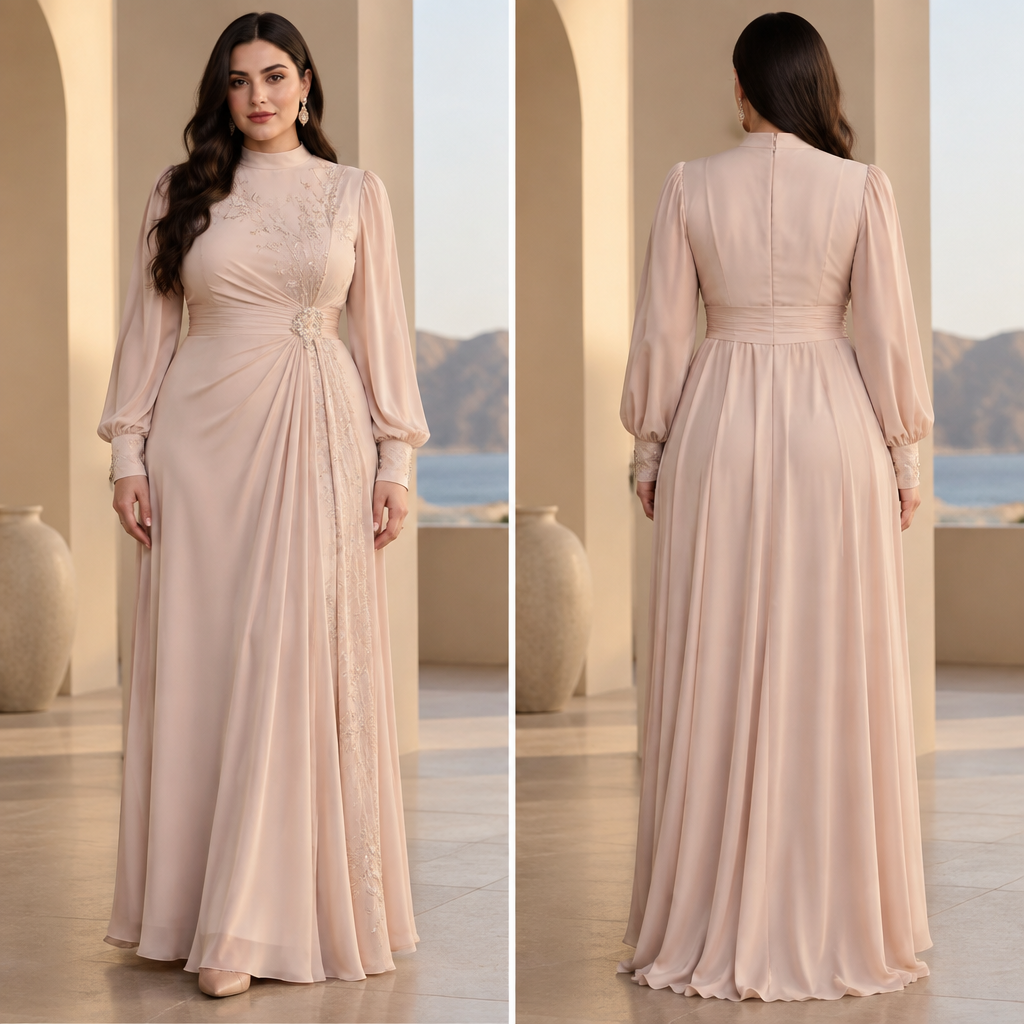 A Female Dress design, made of Silk, with a light, flowing drape, with a Fitted silhouette, with modest, full coverage: longer hemlines, higher necklines and covered shoulders, in a Pastels color palette, for Party, suitable for Fall, suited to a Humid climate, in Minimalist + Elegant + Glamorous style, shown on a model with fair skin and a curvy figure. Oman fashion aesthetics. Present it as professional fashion catalogue photography: the garment is the subject, shown full-length with editorial styling, neutral posing and tasteful, non-suggestive framing.
photorealistic fashion design, A Female Dress design, made of Silk, with a light, flowing drape, with a Fitted silhouette, with modest, full coverage: longer hemlines, higher necklines and covered shoulders, in a Pastels color palette, for Party, suitable for Fall, suited to a Humid climate, in Minimalist + Elegant + Glamorous style, shown on a model with fair skin and a curvy figure. Oman fashion aesthetics. Present it as professional fashion catalogue photography: the garment is the subject, shown full-length with editorial styling, neutral posing and tasteful, non-suggestive framing., minimalist style, just the design no text, show front and back