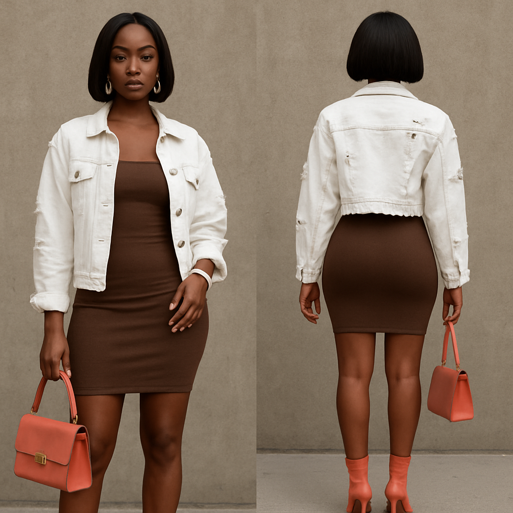 Black woman
Bodycon brown dress
Whitelong ripped jean jacket
White earrings and bracelet
Bob
Coral boot heels
Coral purse
Black woman
Bodycon brown dress
Whitelong ripped jean jacket
White earrings and bracelet
Bob
Coral boot heels
Coral purse
, streetwear style, show front and back