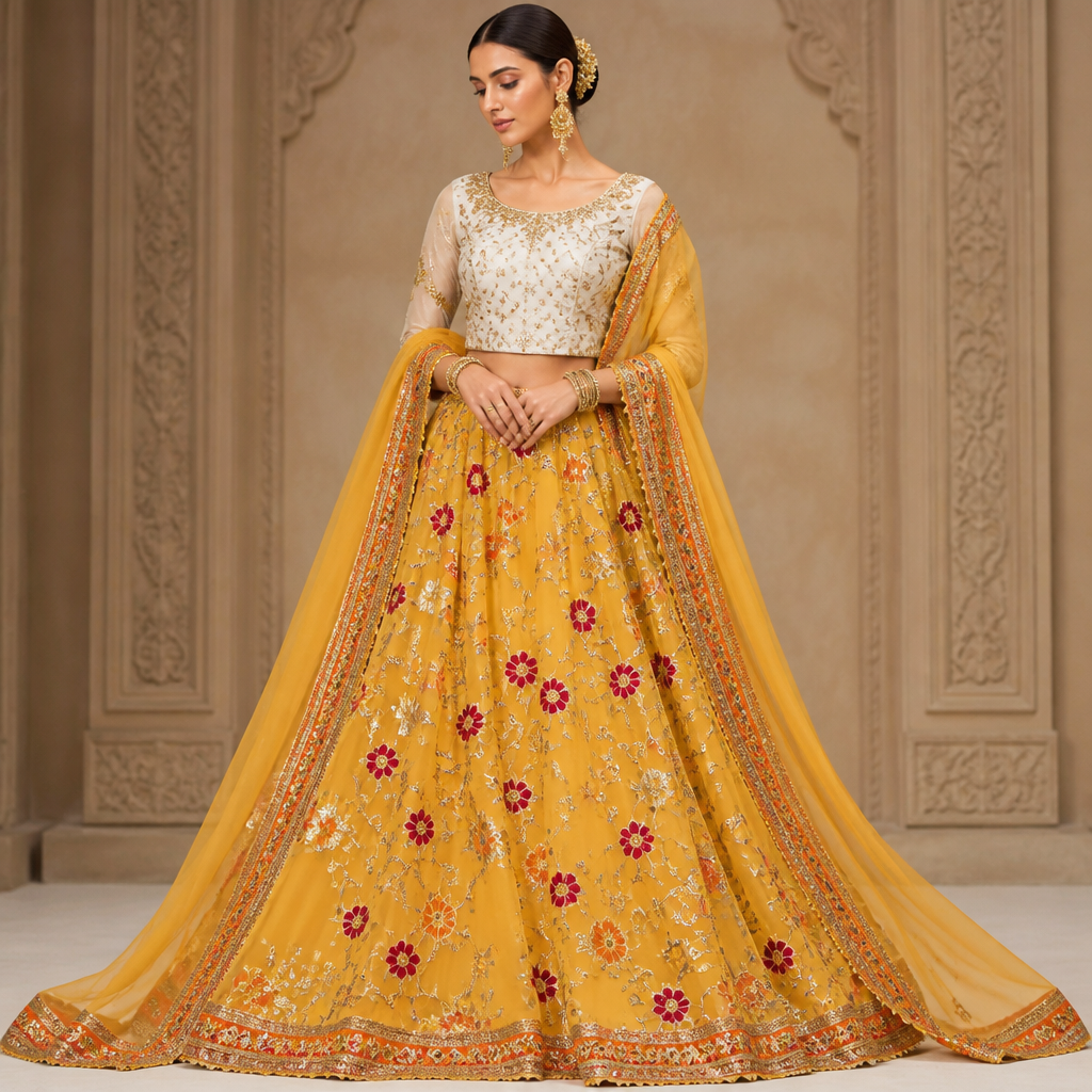 photorealistic fashion design, A Female Dress design, made of Chiffon, for Wedding, in Indian + Luxury + Haute Couture style. Red haldi yellow and haldi orange chiffon georgette bridal lehenga with heavy flare and all over gotta flower patches and haldi yellow Dupatta with red and haldi orange gota border. Design with modest coverage., indian style, just the design no text. Refinement: Make the lehenga in entire haldi yellow colour with red and haldi orange gota flowers all over and give ivory choli with gota embroidery on choli
photorealistic fashion design, photorealistic fashion design, A Female Dress design, made of Chiffon, for Wedding, in Indian + Luxury + Haute Couture style. Red haldi yellow and haldi orange chiffon georgette bridal lehenga with heavy flare and all over gotta flower patches and haldi yellow Dupatta with red and haldi orange gota border. Design with modest coverage., indian style, just the design no text. Refinement: Make the lehenga in entire haldi yellow colour with red and haldi orange gota flowers all over and give ivory choli with gota embroidery on choli , just the design no text