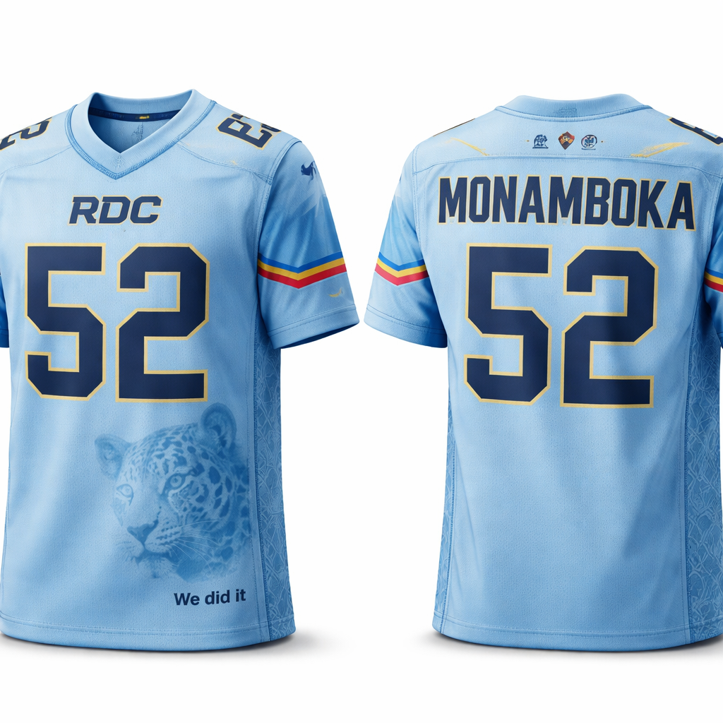 . High-end fashion design of a men’s American football jersey inspired by NFL style. The jersey has a structured, slightly oversized athletic fit, not tight, with short sleeves and breathable mesh fabric. Main color: light blue (sky blue).
On the front top chest, above the chest line, write “RDC” in a bold clean font.
In the center of the front (number area), add a large “52” in a strong athletic font.
On one side panel (near the waist), include a blue-toned leopard head graphic, softly blended into the fabric with no harsh edges. Below it, add the text “We did it” in a minimal clean font.
On the opposite side panel, add a subtle African-inspired geometric pattern to balance the design.
On the back, write “MONAMBOKA” in large bold athletic letters across the upper back.
Above the name near the collar, include three small icons aligned horizontally: a minimalist illustration of Patrice Lumumba with raised hand, a diamond symbol, and an African mask symbol, all clean and not overly detailed.
Color direction:
• Base: light blue
• Main text (“RDC”, “52”, “MONAMBOKA”): dark blue
• Accent colors: red and yellow (small details inspired by DRC flag)
• Leopard graphic: shades of blue, softly blended
Style: premium sportswear, modern Afro-luxury streetwear, balanced design, not overcrowded, realistic jersey fabric, front and back view.
. High-end fashion design of a men’s American football jersey inspired by NFL style. The jersey has a structured, slightly oversized athletic fit, not tight, with short sleeves and breathable mesh fabric. Main color: light blue (sky blue).
On the front top chest, above the chest line, write “RDC” in a bold clean font.
In the center of the front (number area), add a large “52” in a strong athletic font.
On one side panel (near the waist), include a blue-toned leopard head graphic, softly blended into the fabric with no harsh edges. Below it, add the text “We did it” in a minimal clean font.
On the opposite side panel, add a subtle African-inspired geometric pattern to balance the design.
On the back, write “MONAMBOKA” in large bold athletic letters across the upper back.
Above the name near the collar, include three small icons aligned horizontally: a minimalist illustration of Patrice Lumumba with raised hand, a diamond symbol, and an African mask symbol, all clean and not overly detailed.
Color direction:
• Base: light blue
• Main text (“RDC”, “52”, “MONAMBOKA”): dark blue
• Accent colors: red and yellow (small details inspired by DRC flag)
• Leopard graphic: shades of blue, softly blended
Style: premium sportswear, modern Afro-luxury streetwear, balanced design, not overcrowded, realistic jersey fabric, front and back view.