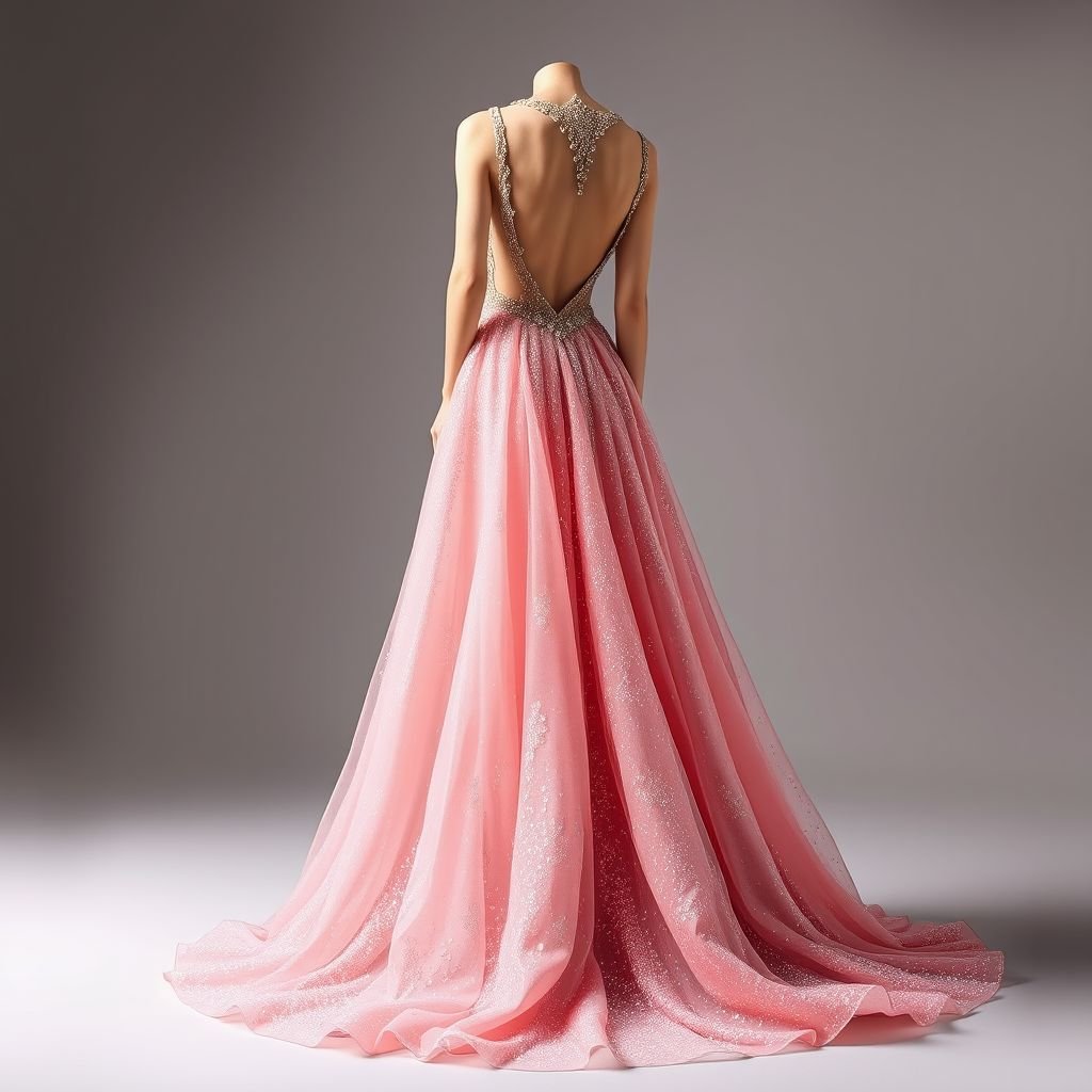 Female body pink long dress with glitter on no boobs
Design a stunning, glamorous long dress in a soft pink hue adorned with shimmering glitter, flowing elegantly to the floor. The silhouette gracefully highlights the waist with a daring open back, while intricate beadwork embellishes the neckline. Imagine cascading layers that catch the light, perfect for a red carpet event.