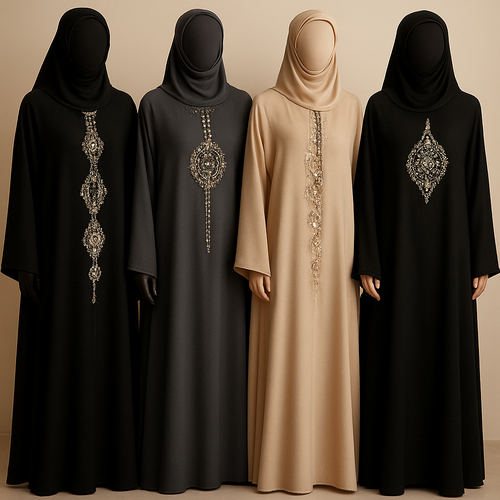 Create me modest abaya that's first in the world, using unique stone design, classy and sophisticated. Keep me 4 designs. Make them rich by adding unique chic stone high end designs and . Showcasing different styles and fabric.