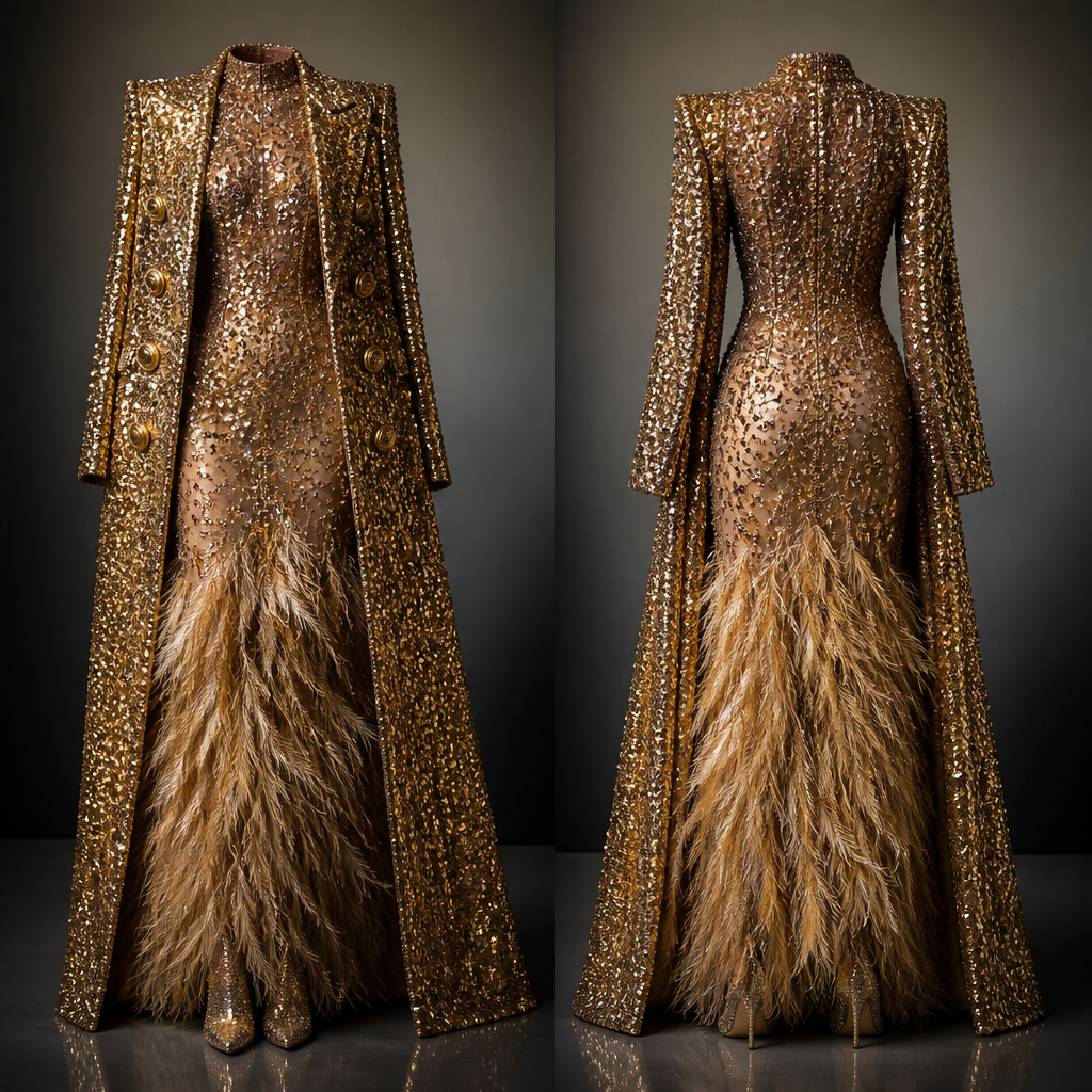 High collar long sleeve all the way to fit the fingers like a glove top of the gown sequins sheer to the hips then ostrich feathers down to the ankle sequins shoes matching , then a long sequins coat double breasted no collar matching the sequins top part of the dress . In gold and color no models just the outfit
photorealistic fashion design, High collar long sleeve all the way to fit the fingers like a glove top of the gown sequins sheer to the hips then ostrich feathers down to the ankle sequins shoes matching , then a long sequins coat double breasted no collar matching the sequins top part of the dress . In gold and color no models just the outfit, formal style, just the design no text, show front and back