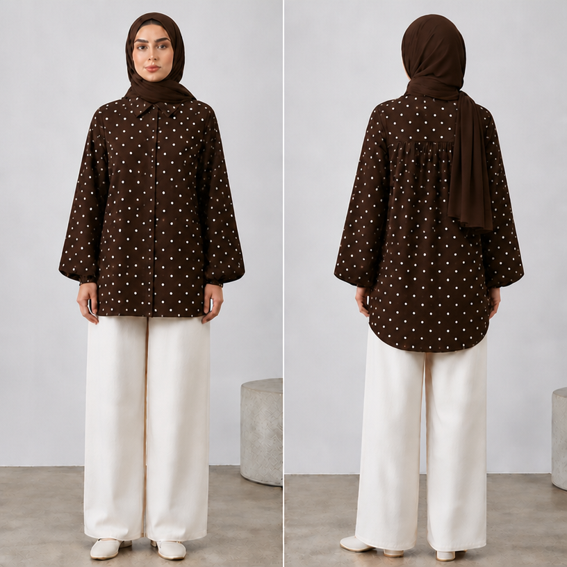 Make the white dots a little bit bigger
“ very little
edit the attached fashion design with these instructions: Make the white dots a little bit bigger
“ very little. keep it photorealistic, just the design no text