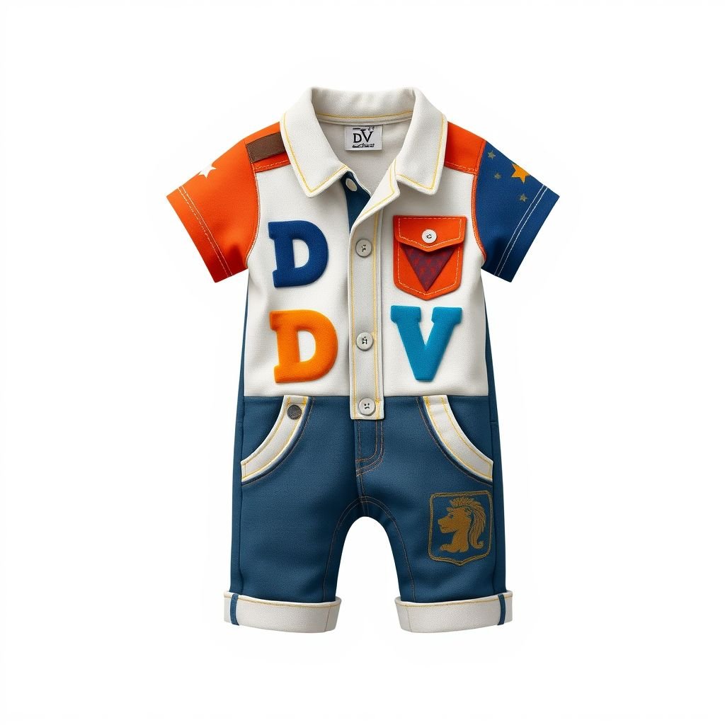 Toddler Boys Letter Full Print One-Piece Outfit, Patchwork Lapel Button Pocket Short Sleeve Jumpsuit, Suitable For Casual Everyday Outdoor, Spring/Summer. With “DV” on it
Design a playful toddler boys' one-piece outfit adorned with vibrant letters and a carefree spirit. Incorporate patchwork accents on a soft short-sleeve jumpsuit featuring a cute lapel and button pockets. The breathable fabric is perfect for casual everyday adventures outdoors in spring and summer, proudly showcasing the trendy "DV" logo.
