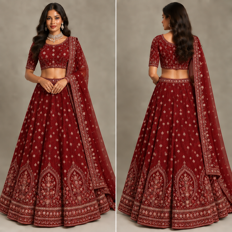 Work us good but change the design of embroidery and putta good pearl silver shade necklace and earlings
edit the attached fashion design with these instructions: Work us good but change the design of embroidery and putta good pearl silver shade necklace and earlings. keep it photorealistic, just the design no text