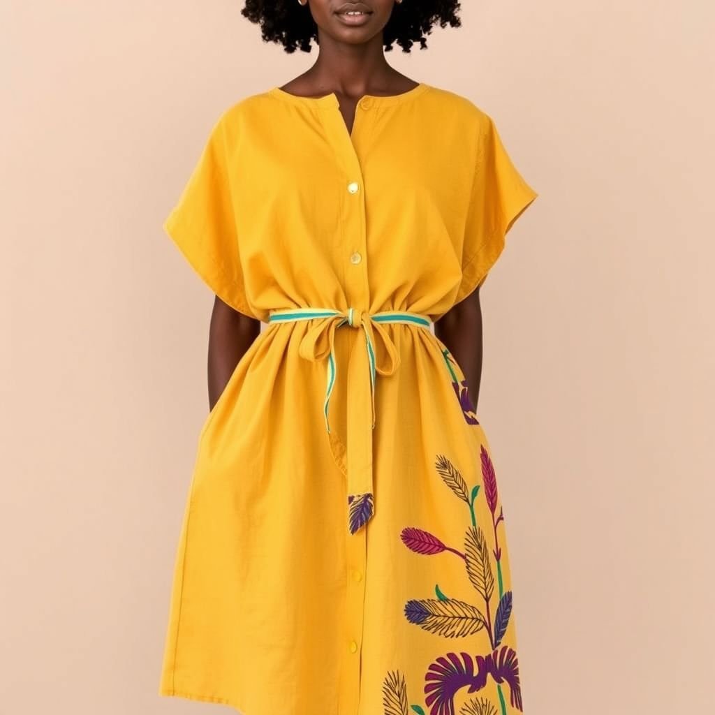 design a dress out of two fabrics pieces. the main fabric is a mustard yellow linen, and the other is a wax print in mustard yellow, cyan and aubergine
Design a relaxed, casual dress combining a lightweight mustard yellow linen as the base with playful wax print accents. The dress features a soft A-line silhouette, short, fluttery sleeves, and a comfortable, adjustable tie waist. The vibrant wax print in mustard yellow, cyan, and aubergine peeks through for effortless style.