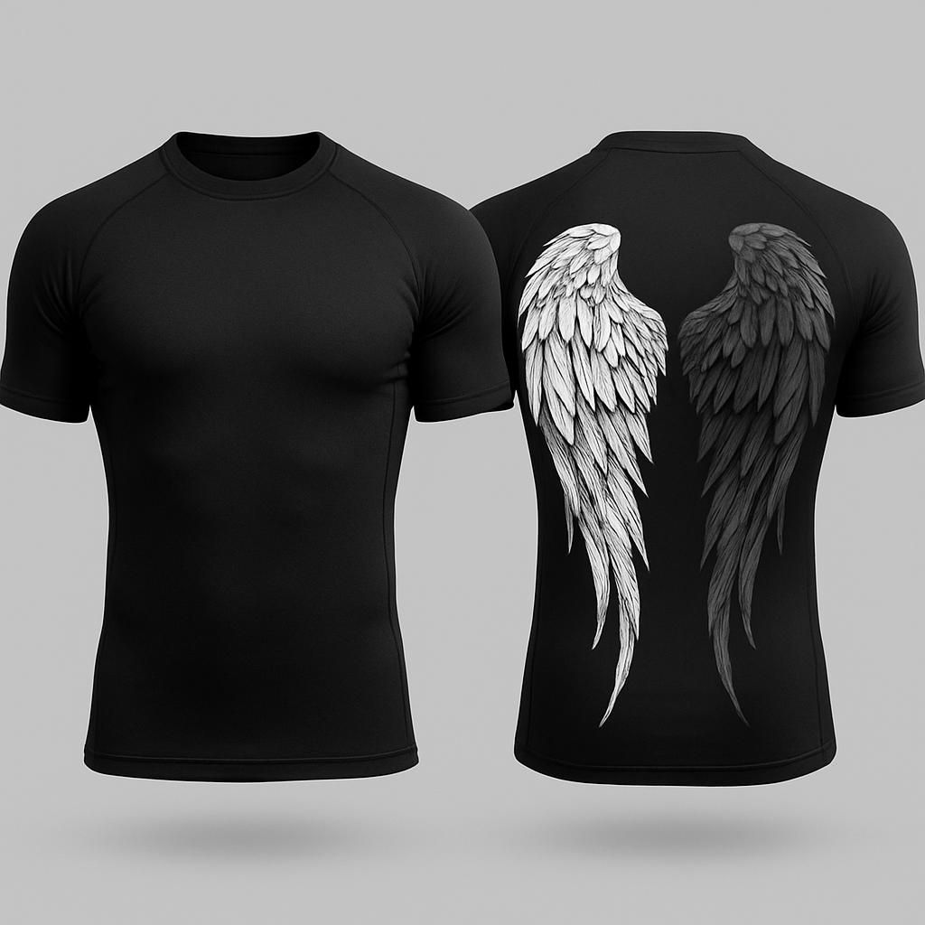 Black base short sleeve compression jujitsu rash guard shirt. 2 angle wings on the back, one white and the other dark gray. Make the wings kinda form a shape of a heart without making it too obnoxious so the wings look natural still 

Little less of a heart shape and make the wings come down almost to the bottom of the shirt 

 Make the wings bigger 

Black base short sleeve compression jujitsu rash guard shirt. 2 angle wings on the back, one white and the other dark gray. Make the wings kinda form a shape of a heart without making it too obnoxious so the wings look natural still 

Little less of a heart shape and make the wings come down almost to the bottom of the shirt 

 Make the wings bigger , gothic style, show front and back