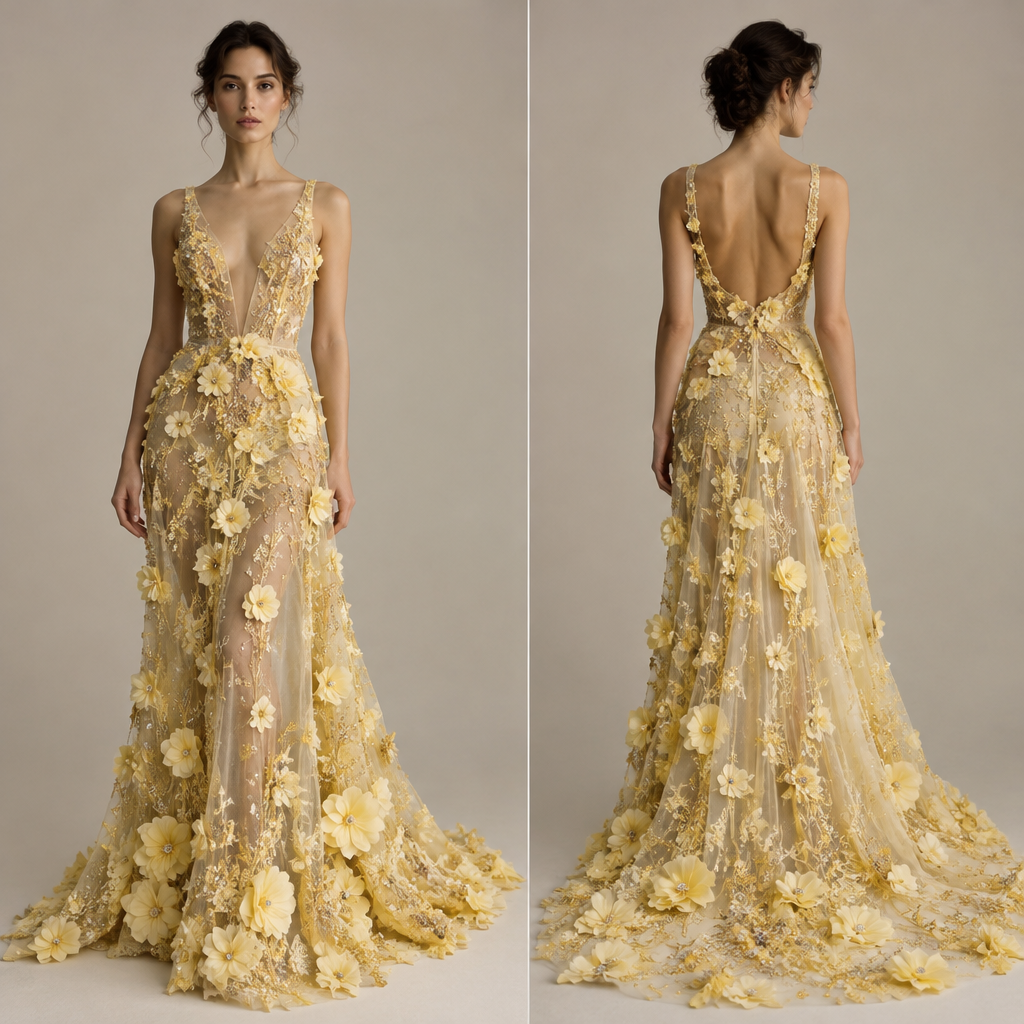 I want to create a long, pale yellow dress made of flowers and stones, with a sheer base fabric.
photorealistic fashion design, I want to create a long, pale yellow dress made of flowers and stones, with a sheer base fabric., scene style, just the design no text, show front and back