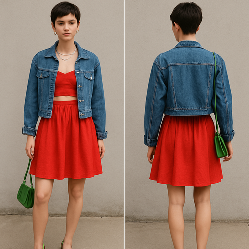 Red Sundress crop top blue jean jacket silver jewelry green purse pixie cut green heels 