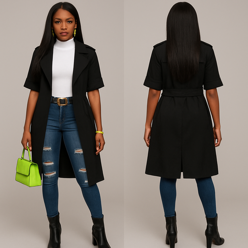 White turtleneck short sleeves black trench coat 
Fitted ripped jeans
Gold belt on pants 
Heel boots 
Lime green earrings and bracelet 
Sew in 
Lime green purse 