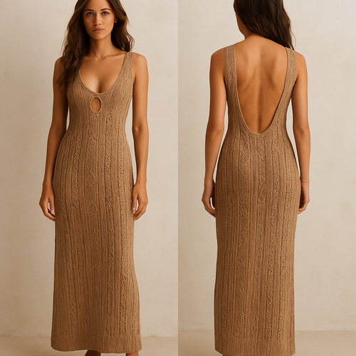 Длинное вязаное  облегающее летнее платье. С вырезом на груди и вырезом на спине до попы. Темно бежевого цвета
