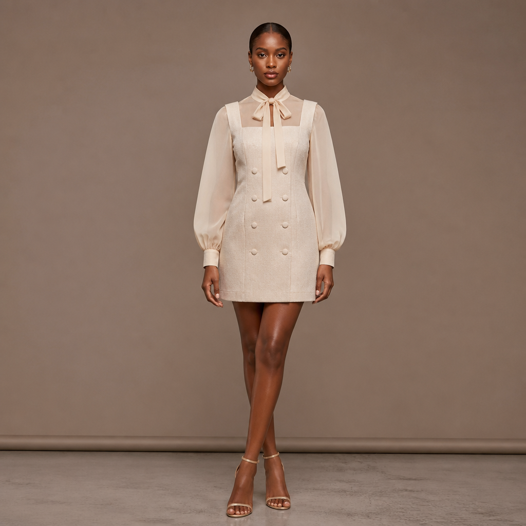 A Female Dress design, suitable for Summer. a short sleeveless dress with square neckline , and double breasted cover button, with strip fabric. Then an inner with long bishop sleeves, bishop collar with an elongated rope that can be tied.. Nigeria fashion aesthetics. Present it as professional fashion catalogue photography: the garment is the subject, shown full-length with editorial styling, neutral posing and tasteful, non-suggestive framing.
photorealistic fashion design, A Female Dress design, suitable for Summer. a short sleeveless dress with square neckline , and double breasted cover button, with strip fabric. Then an inner with long bishop sleeves, bishop collar with an elongated rope that can be tied.. Nigeria fashion aesthetics. Present it as professional fashion catalogue photography: the garment is the subject, shown full-length with editorial styling, neutral posing and tasteful, non-suggestive framing., just the design no text