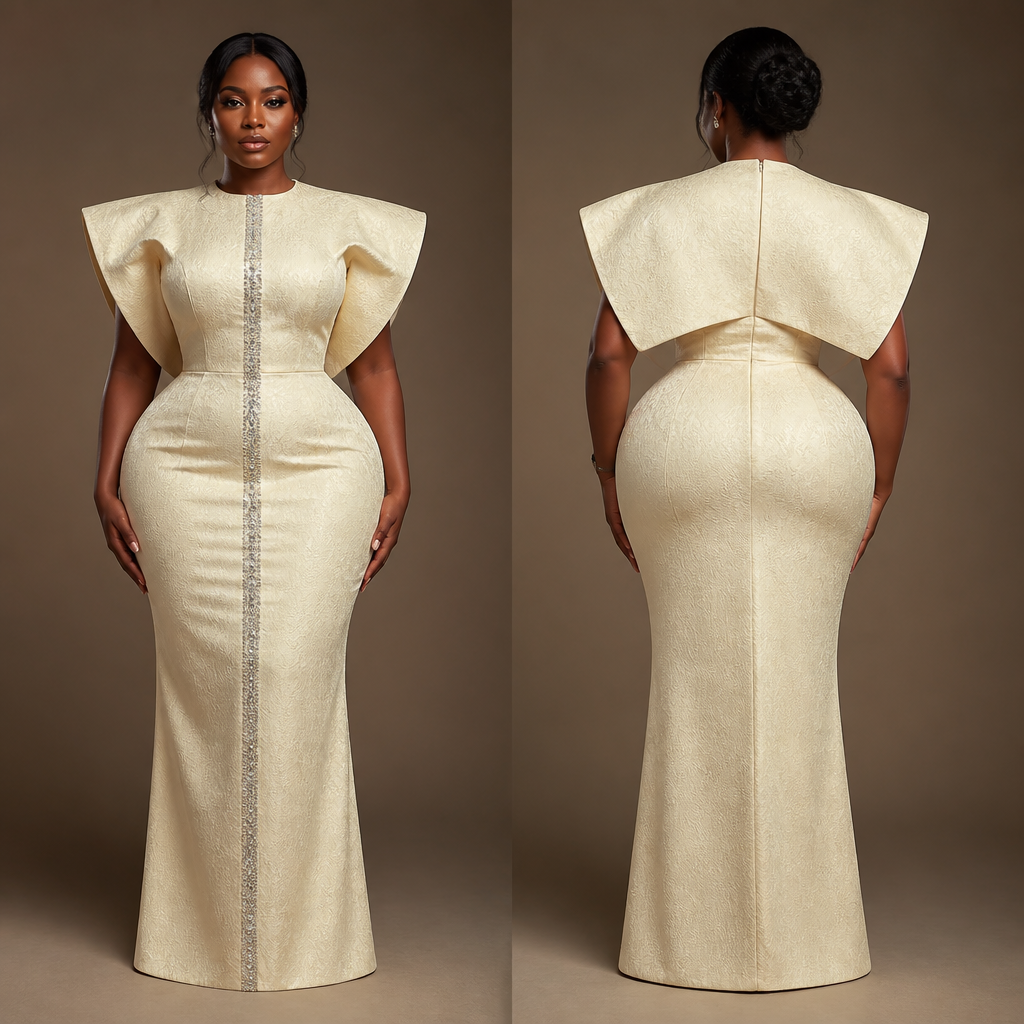A Female fashion design, with a rich, textured surface, with a Fitted silhouette, in a Neutrals color palette, shown on a model with brown skin and a curvy figure. okay so I want it to be in cream color but I'm using I want you to be the exact image that I sent that reference image it should be that way exactly but she just be cream color and I want a silver trimester from hop to the dentist down that's it just straight stream it down and um. Nigeria fashion aesthetics. Present it as professional fashion catalogue photography: the garment is the subject, shown full-length with editorial styling, neutral posing and tasteful, non-suggestive framing.
photorealistic fashion design, A Female fashion design, with a rich, textured surface, with a Fitted silhouette, in a Neutrals color palette, shown on a model with brown skin and a curvy figure. okay so I want it to be in cream color but I'm using I want you to be the exact image that I sent that reference image it should be that way exactly but she just be cream color and I want a silver trimester from hop to the dentist down that's it just straight stream it down and um. Nigeria fashion aesthetics. Present it as professional fashion catalogue photography: the garment is the subject, shown full-length with editorial styling, neutral posing and tasteful, non-suggestive framing., just the design no text, show front and back
