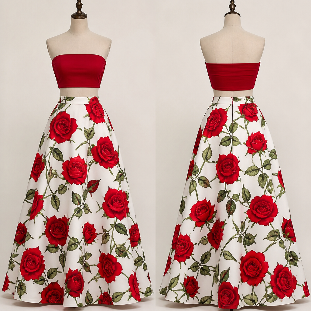 photorealistic fashion design, photorealistic fashion design, photorealistic fashion design, photorealistic fashion design, suitable for Summer, in Vintage style. 2 piece with the top being a completely red strapless bandeau and the bottom being a maxi skirt in a bell shape which has red roses print all over with the stem and leaves in green. Canada fashion aesthetics., vintage style, just the design no text, show front and back. Refinement: the roses need to be one size, big, and the stems too. Remove the small roses and leaves and such, i want the print big, just the design no text. Refinement: put more roses on the print and more bright colors like crimson red and bright green, just the design no text. Refinement: sloghtly smaller print and more roses on the skirt, too few, just the design no text. Refinement: too symmetric pattern, make it less symmetric. Also, make the roses side view with a stem and 2 leaves
photorealistic fashion design, photorealistic fashion design, photorealistic fashion design, photorealistic fashion design, photorealistic fashion design, suitable for Summer, in Vintage style. 2 piece with the top being a completely red strapless bandeau and the bottom being a maxi skirt in a bell shape which has red roses print all over with the stem and leaves in green. Canada fashion aesthetics., vintage style, just the design no text, show front and back. Refinement: the roses need to be one size, big, and the stems too. Remove the small roses and leaves and such, i want the print big, just the design no text. Refinement: put more roses on the print and more bright colors like crimson red and bright green, just the design no text. Refinement: sloghtly smaller print and more roses on the skirt, too few, just the design no text. Refinement: too symmetric pattern, make it less symmetric. Also, make the roses side view with a stem and 2 leaves, just the design no text