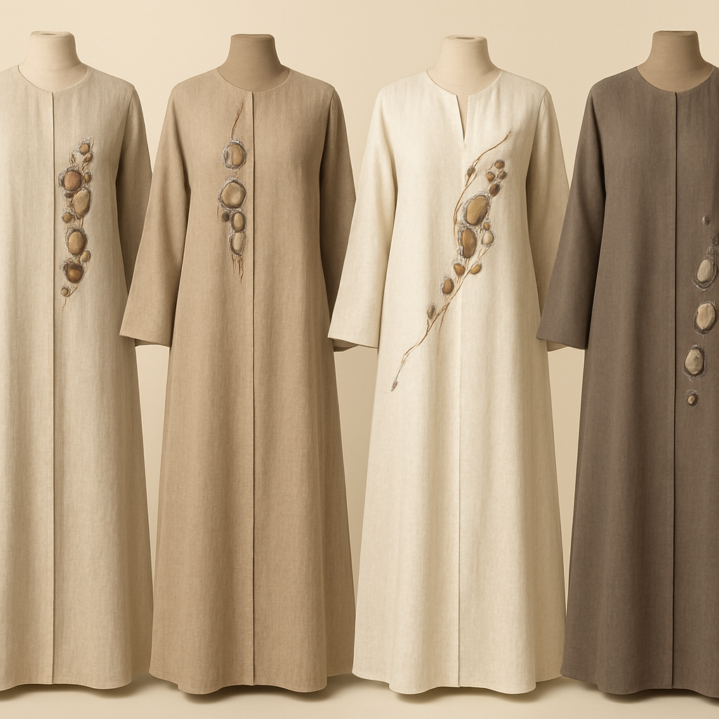 Create a modest two-piece linen abaya, the first of its kind, featuring a unique stone design that exudes a classy and sophisticated vibe. I’d like four designs, each showcasing different styles and fabrics. Incorporate high-end, unique chic stone designs to make them truly special. Add little sophisticated stone designs.

Create a modest two-piece linen abaya, the first of its kind, featuring a unique stone design that exudes a classy and sophisticated vibe. I’d like four designs, each showcasing different styles and fabrics. Incorporate high-end, unique chic stone designs to make them truly special. Add little sophisticated stone designs.