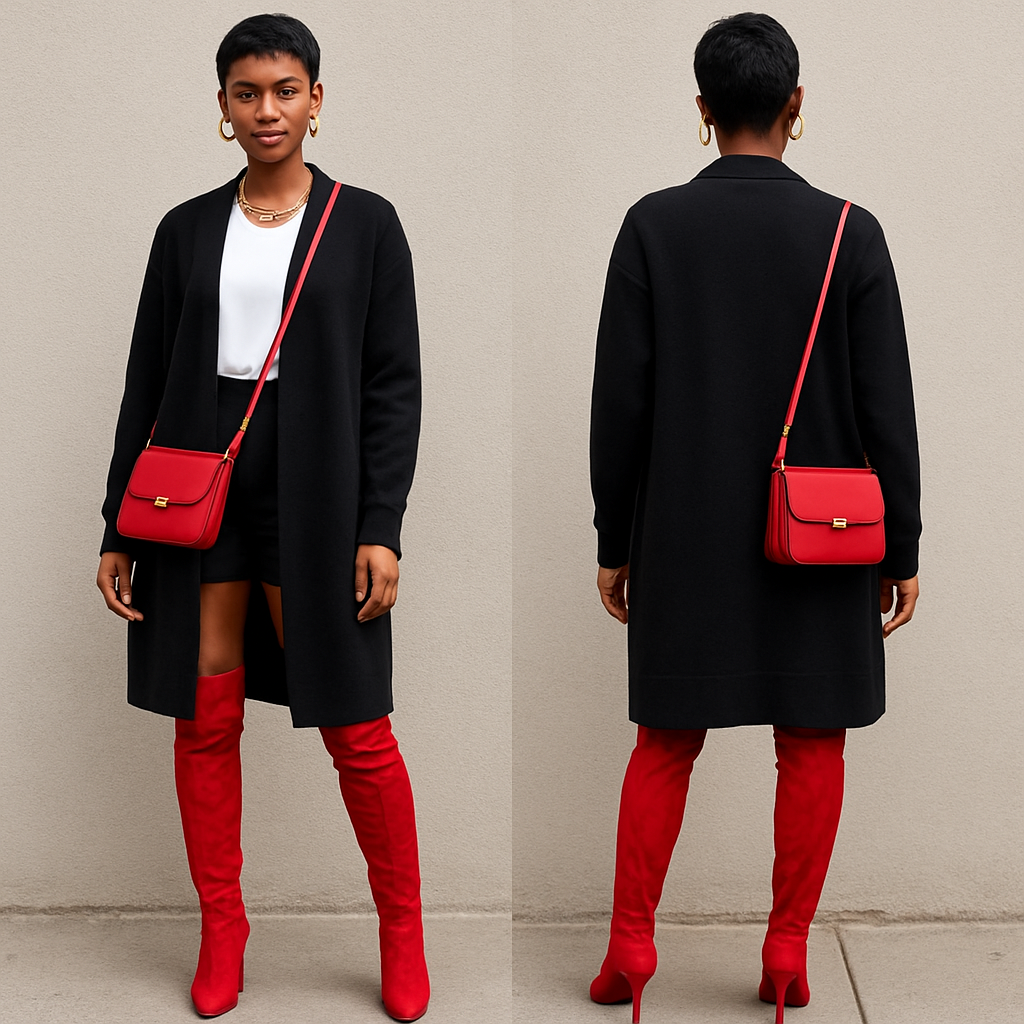 Black woman
Pixie cut
Long cardigan closed
White blouse
Black shorts
Gold jewelry
Red thigh high boots
Red crossbody purse
Black woman
Pixie cut
Long cardigan closed
White blouse
Black shorts
Gold jewelry
Red thigh high boots
Red crossbody purse
, streetwear style, show front and back