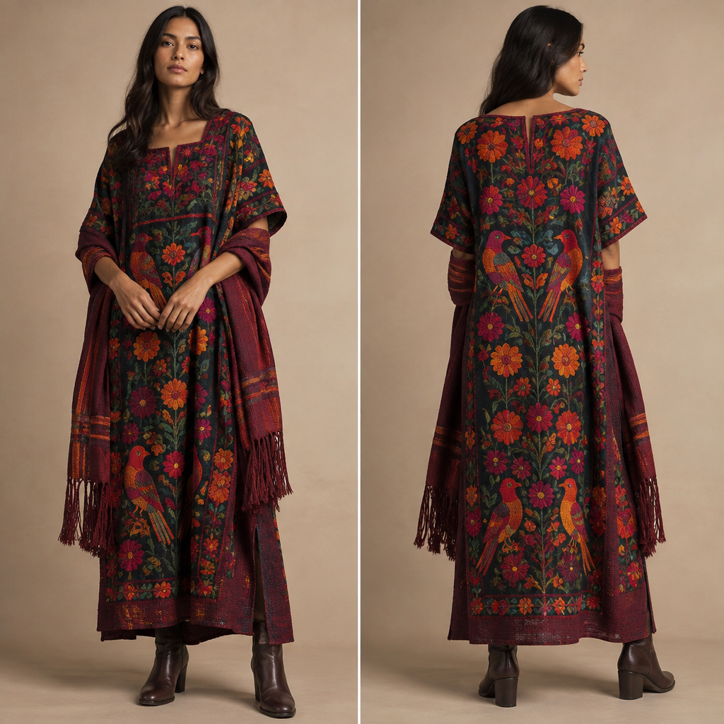 A Unisex Dress design, suitable for Fall. Consider Mexican fashion — huipil and rebozo traditions, vibrant embroidery, Oaxacan textiles, colorful folk art influence. Current season is Autumn in Mexico. Present it as professional fashion catalogue photography: the garment is the subject, shown full-length with editorial styling, neutral posing and tasteful, non-suggestive framing.
photorealistic fashion design, A Unisex Dress design, suitable for Fall. Consider Mexican fashion — huipil and rebozo traditions, vibrant embroidery, Oaxacan textiles, colorful folk art influence. Current season is Autumn in Mexico. Present it as professional fashion catalogue photography: the garment is the subject, shown full-length with editorial styling, neutral posing and tasteful, non-suggestive framing., just the design no text