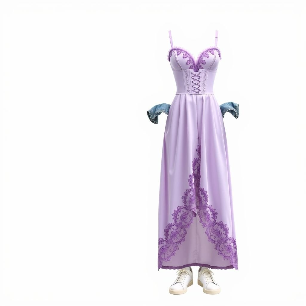 Long lilic satin corset dress with purple lace and sequins
Design a casual ensemble featuring a long lilac satin corset dress adorned with delicate purple lace trims and shimmering sequins. The dress should have a relaxed silhouette, perfect for daytime outings. Pair it with comfy white sneakers and a carefree denim jacket, creating an effortlessly chic look for everyday adventures.