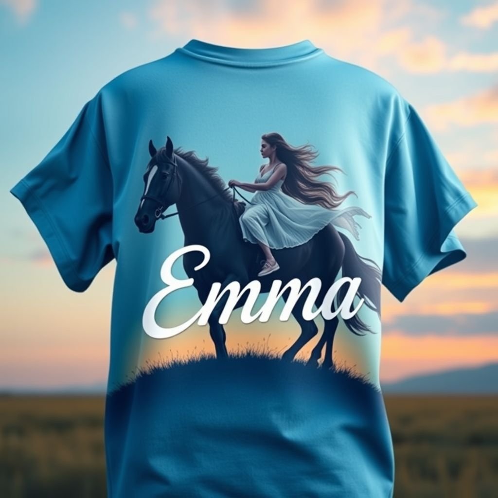 Blue shirt with the words Emma on them with girl rearing on horse and teal green and and blue background sunset
Design a chic oversized blue shirt featuring the name "Emma" in elegant cursive. The graphic showcases a spirited girl riding a graceful horse, seamlessly fused with a dreamy teal and blue sunset backdrop. Integrate flowing fabric accents that capture the essence of freedom and adventure, perfect for a casual yet artistic look.