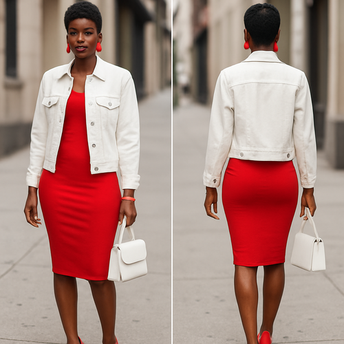 Black woman
Bodycon red dress 
White button down jacket 
 Red  earrings and red bracelet 
Pixie cut 
Red heels 
White  purse 
