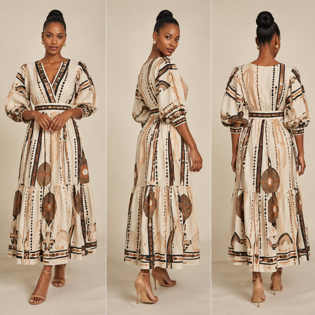 A Female Dress design, suitable for Spring. I want a dress like this like the make or design but I also want it to be cultural not too cultural though cultural in away that you can wear it even to church maybe or dinner. South Africa fashion aesthetics. Present it as professional fashion catalogue photography: the garment is the subject, shown full-length with editorial styling, neutral posing and tasteful, non-suggestive framing.
photorealistic fashion design, A Female Dress design, suitable for Spring. I want a dress like this like the make or design but I also want it to be cultural not too cultural though cultural in away that you can wear it even to church maybe or dinner. South Africa fashion aesthetics. Present it as professional fashion catalogue photography: the garment is the subject, shown full-length with editorial styling, neutral posing and tasteful, non-suggestive framing., just the design no text