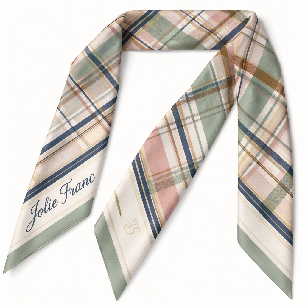 Design me a silk scarf that is 5x 86cm to be wrapped on the top handle of a handbag. It need to be iconic for my brand Jolie Franc. It would be classic geometric and tailored More simple and more iconic . It needs to be Jolie Francs identifiable signature look no chains. Try to create a feminine Ralph Lauren look. Softer and slightly sporty with longitudinal lines let’s try a preppy plaid. Make it more airy and lighter add a collegiate feel. Let’s do another elevated sorority look. Let’s switch up the colors now. More sophisticated color palate . Something for the season spring and summer
Design me a silk scarf that is 5x 86cm to be wrapped on the top handle of a handbag. It need to be iconic for my brand Jolie Franc. It would be classic geometric and tailored More simple and more iconic . It needs to be Jolie Francs identifiable signature look no chains. Try to create a feminine Ralph Lauren look. Softer and slightly sporty with longitudinal lines let’s try a preppy plaid. Make it more airy and lighter add a collegiate feel. Let’s do another elevated sorority look. Let’s switch up the colors now. More sophisticated color palate . Something for the season spring and summer, classic style, show front and back
