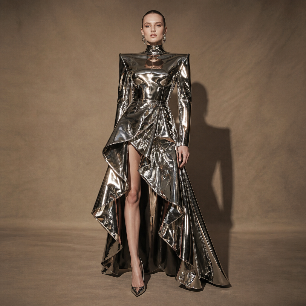 A Dress design, with a crisp, structured drape, with a Fitted silhouette, styled in layers, in a Metallic color palette, for Party, suitable for Spring, suited to a Tropical climate, in Glamorous style, shown on a model with light skin and a tall figure. o vestido tá da Lady Gaga da música Abracadabra com tecido vinílico. Brazil fashion aesthetics. Present it as professional fashion catalogue photography: the garment is the subject, shown full-length with editorial styling, neutral posing and tasteful, non-suggestive framing.
photorealistic fashion design, A Dress design, with a crisp, structured drape, with a Fitted silhouette, styled in layers, in a Metallic color palette, for Party, suitable for Spring, suited to a Tropical climate, in Glamorous style, shown on a model with light skin and a tall figure. o vestido tá da Lady Gaga da música Abracadabra com tecido vinílico. Brazil fashion aesthetics. Present it as professional fashion catalogue photography: the garment is the subject, shown full-length with editorial styling, neutral posing and tasteful, non-suggestive framing., glamorous style, just the design no text